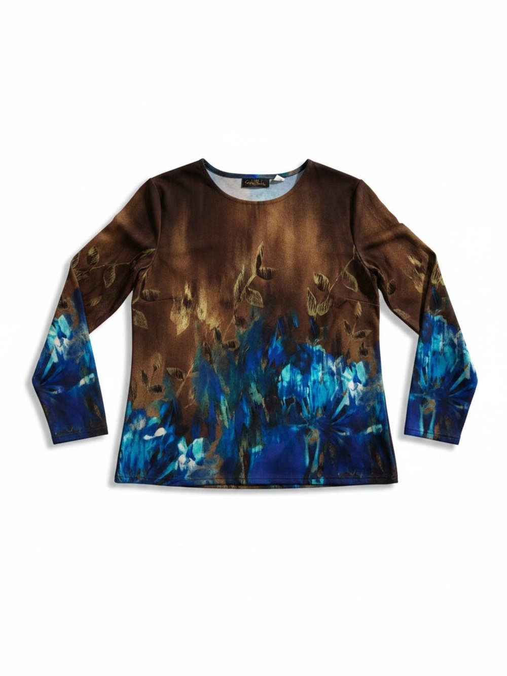 Bob Mackie🦋Vintage Brown/Blue Floral Long Sleeve Top🦋Faux Paint Design🦋Like New🦋